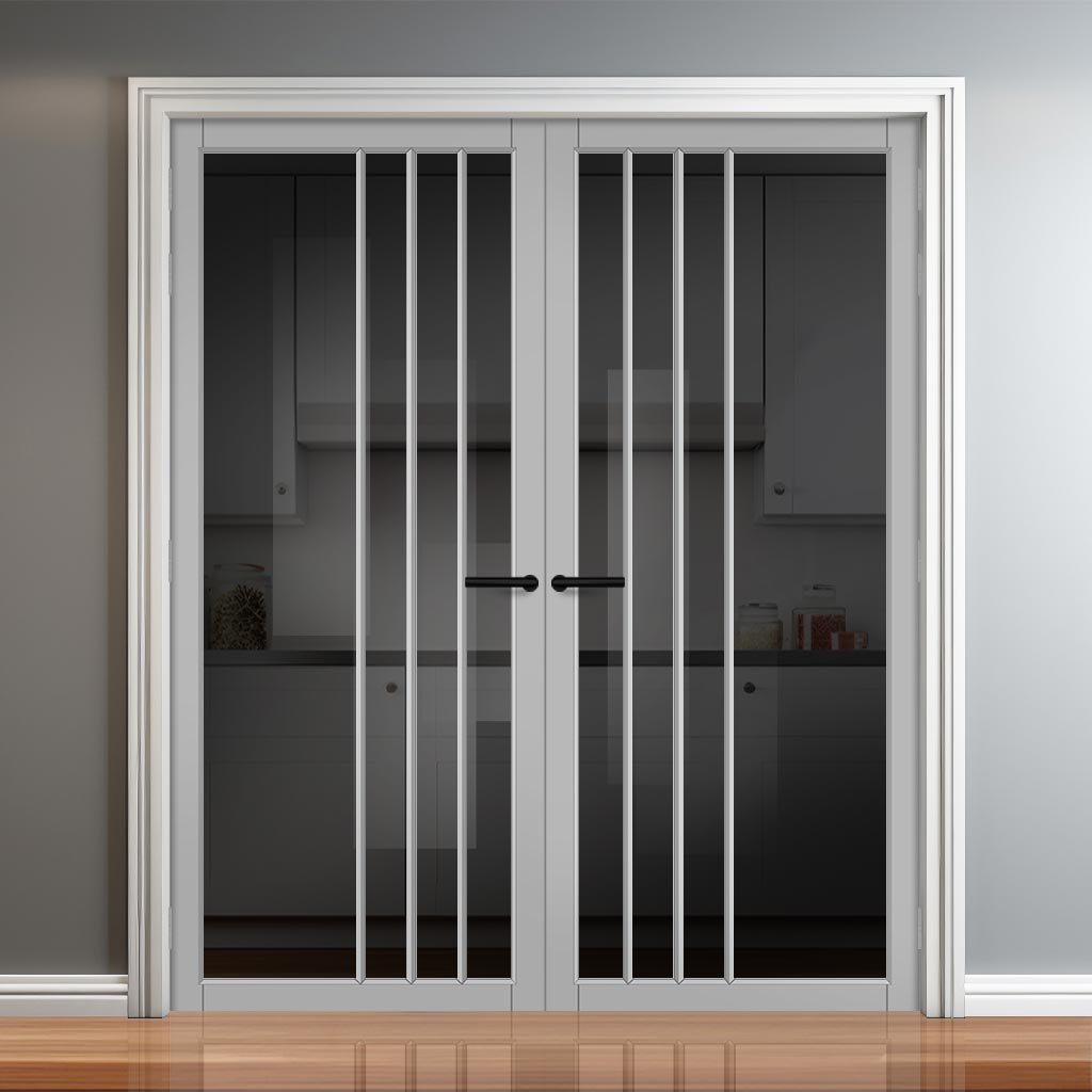 Tula Solid Wood Internal Door Pair UK Made DD0104T Tinted Glass - Mist Grey Premium Primed - Urban Lite® Bespoke Sizes