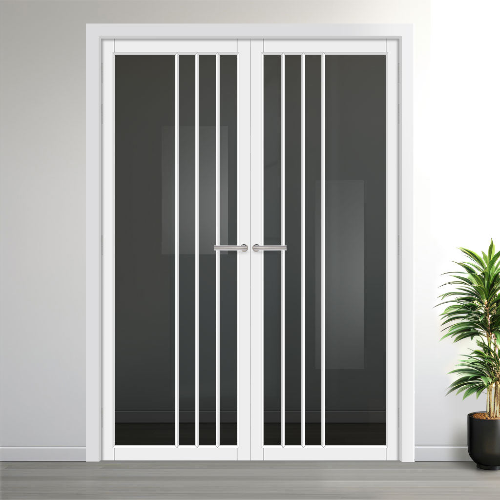 Tula Solid Wood Internal Door Pair UK Made DD0104T Tinted Glass - Cloud White Premium Primed - Urban Lite® Bespoke Sizes