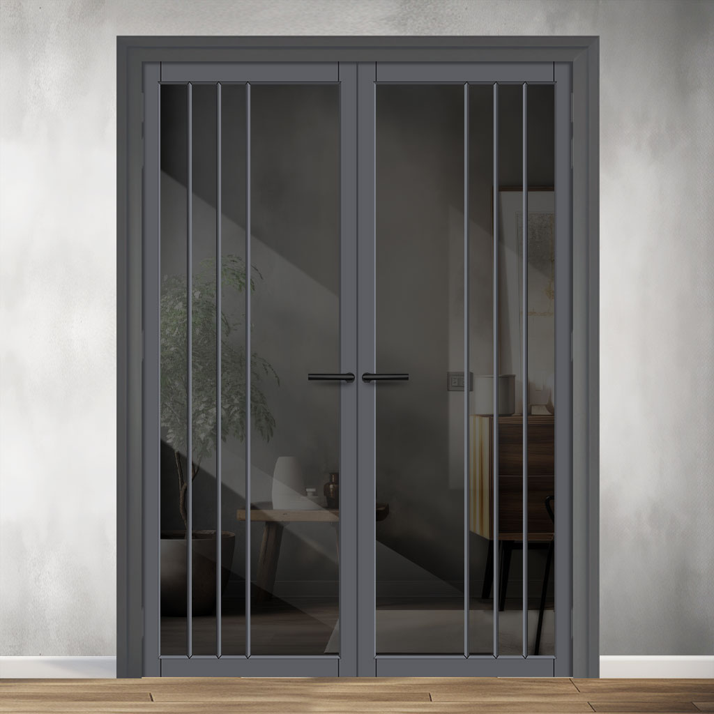 Tula Solid Wood Internal Door Pair UK Made DD0104T Tinted Glass - Stormy Grey Premium Primed - Urban Lite® Bespoke Sizes