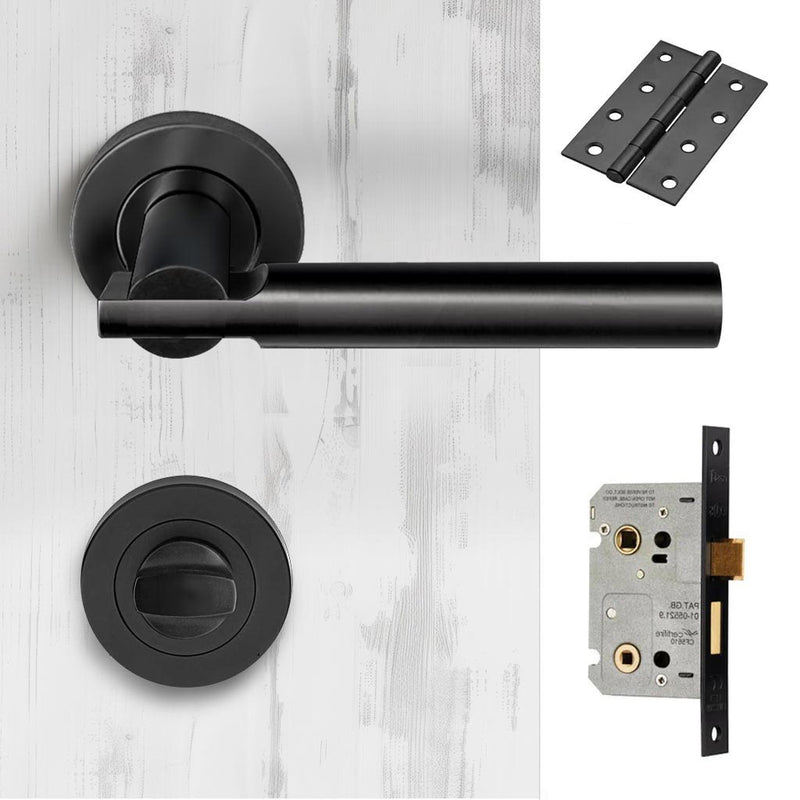 Turin Door Lever Bathroom Handle Pack - 4 Square Hinges - Matt Black