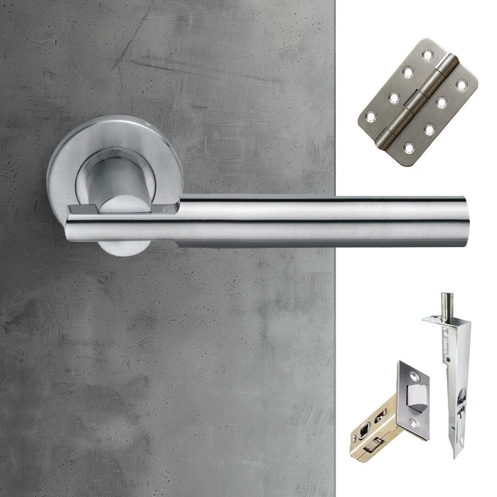 Turin Double Door Lever Handle Pack - 6 Radius Cornered Hinges - Satin Finish - Combo Handle and Accessory Pack
