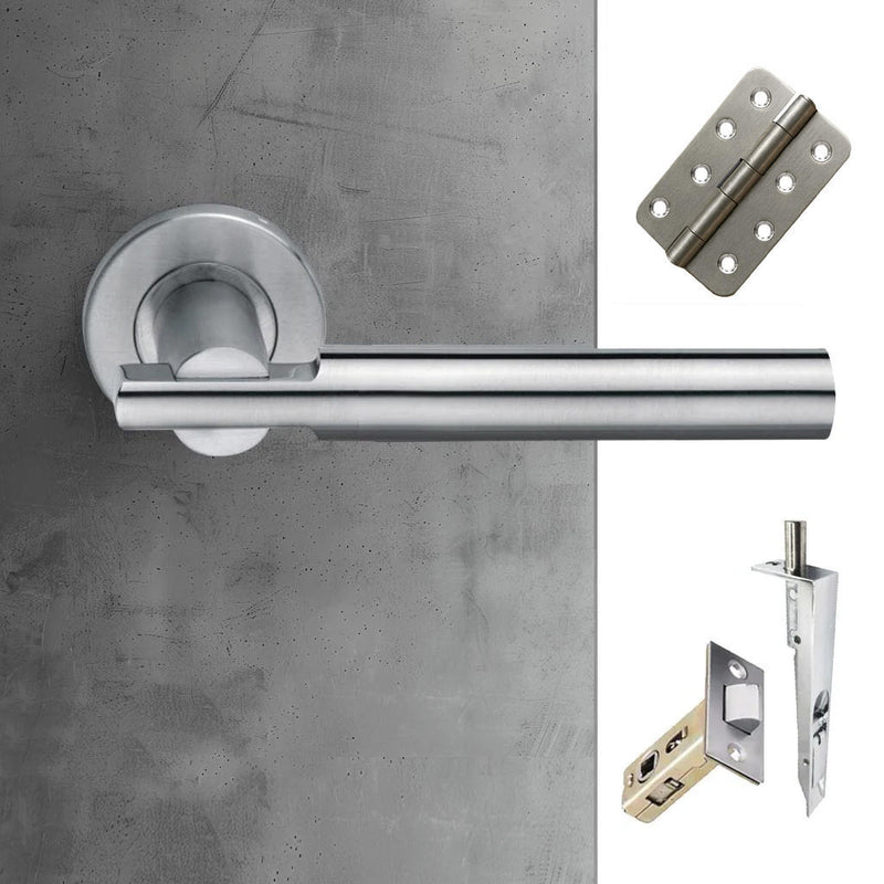 Turin Double Door Lever Handle Pack - 8 Radius Cornered Hinges - Satin Finish - Combo Handle and Accessory Pack