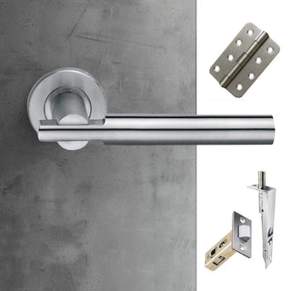 Image: Turin Double Door Lever Handle Pack - 8 Radius Cornered Hinges - Satin Finish - Combo Handle and Accessory Pack