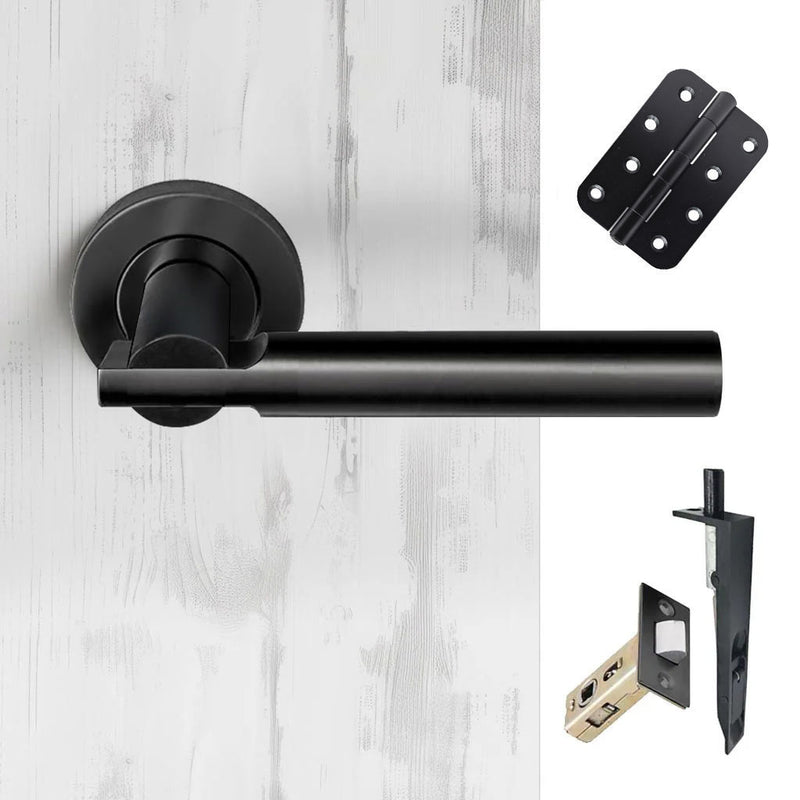Turin Double Door Lever Handle Pack - 6 Radius Cornered Hinges - Matt Black - Combo Handle and Accessory Pack