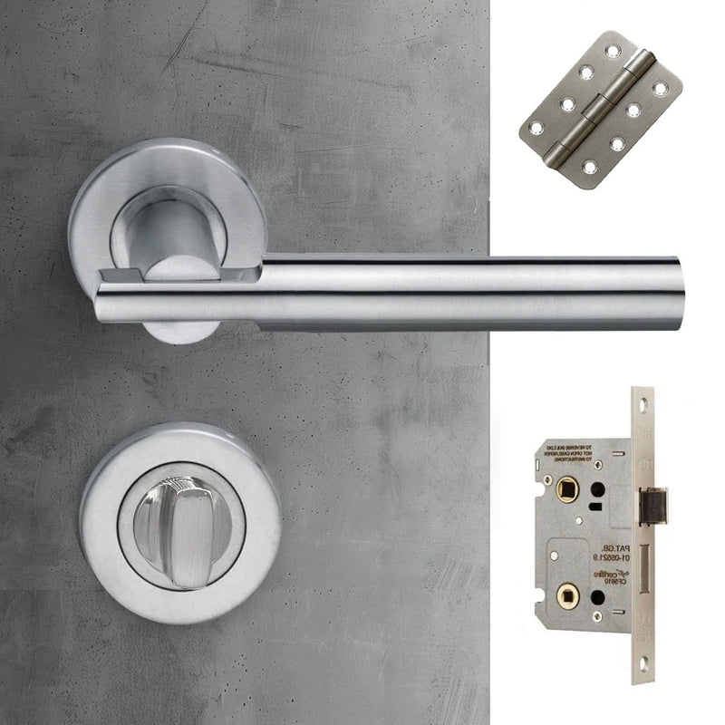Turin Door Lever Bathroom Handle Pack - 4 Radius Cornered Hinges - Satin Finish