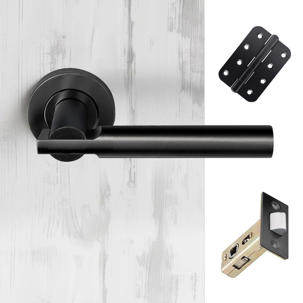 Turin Door Lever Handle Pack - 4 Radius Cornered Hinges - Matt Black