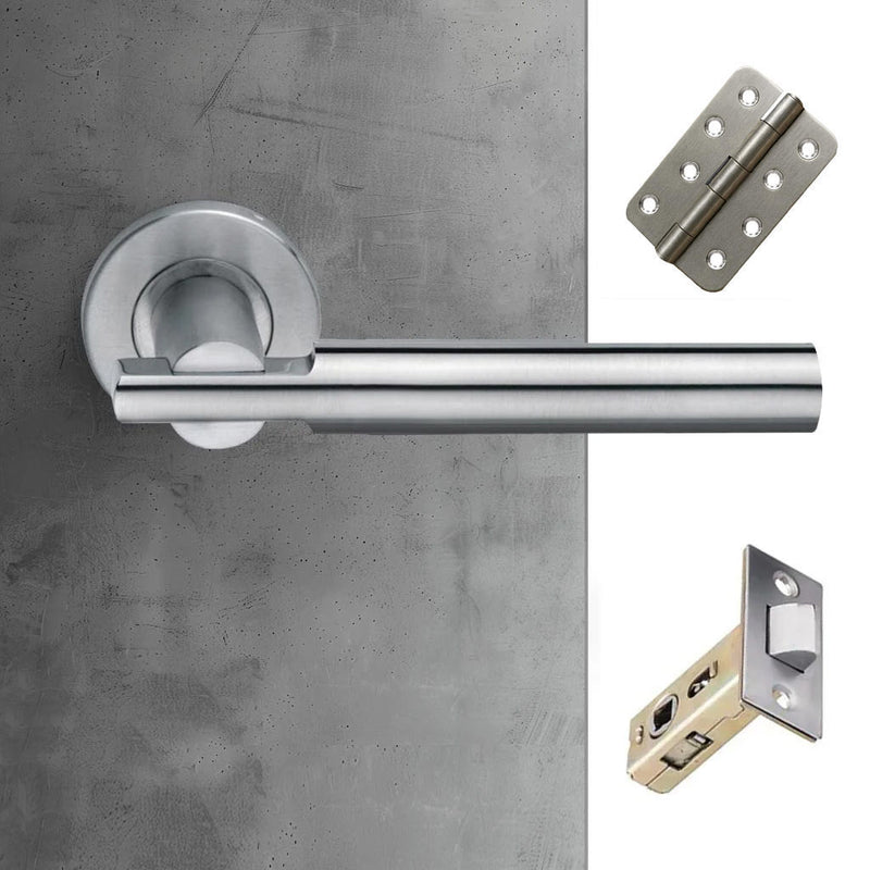 Turin Door Lever Handle Pack - 3 Radius Cornered Hinges - Satin Finish