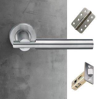 Image: Turin Door Lever Handle Pack - 3 Radius Cornered Hinges - Satin Finish