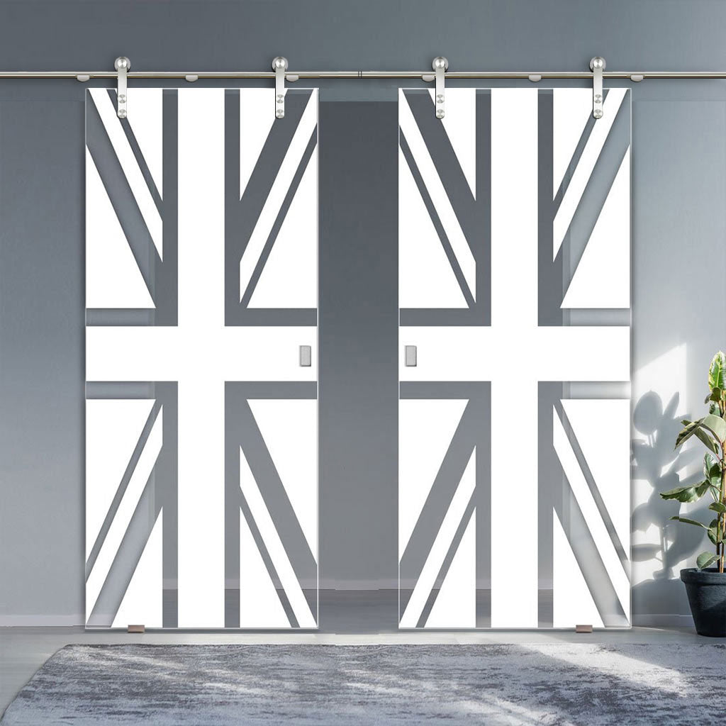 Double Glass Sliding Door - Solaris Tubular Stainless Steel Sliding Track & Union Jack Flag 8mm Obscure Glass - Clear Printed Design