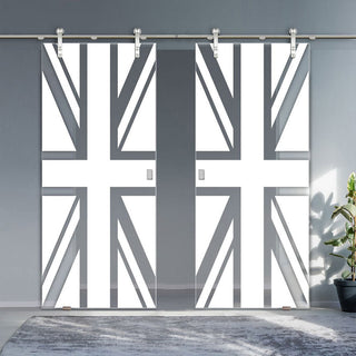 Image: Double Glass Sliding Door - Solaris Tubular Stainless Steel Sliding Track & Union Jack Flag 8mm Obscure Glass - Clear Printed Design