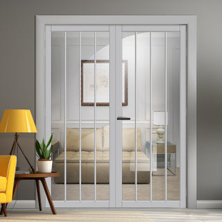 Image: Adiba Solid Wood Internal Door Pair UK Made DD0106C Clear Glass - Mist Grey Premium Primed - Urban Lite® Bespoke Sizes