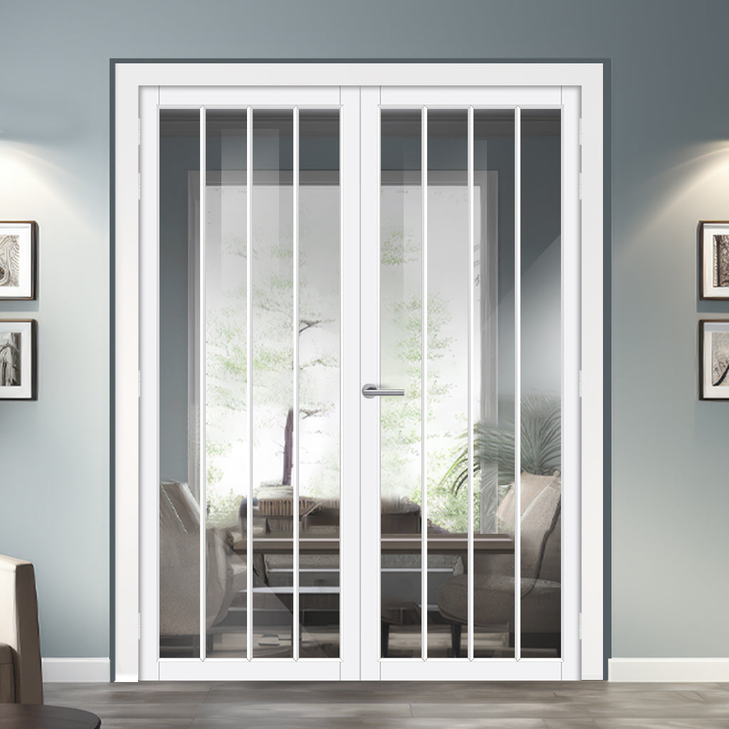 Adiba Solid Wood Internal Door Pair UK Made DD0106C Clear Glass - Cloud White Premium Primed - Urban Lite® Bespoke Sizes