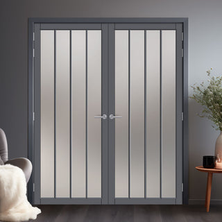 Image: Adiba Solid Wood Internal Door Pair UK Made DD0106F Frosted Glass - Stormy Grey Premium Primed - Urban Lite® Bespoke Sizes