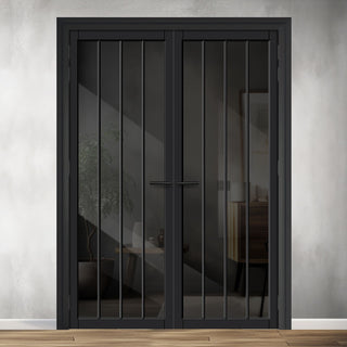 Image: Adiba Solid Wood Internal Door Pair UK Made DD0106T Tinted Glass - Shadow Black Premium Primed - Urban Lite® Bespoke Sizes