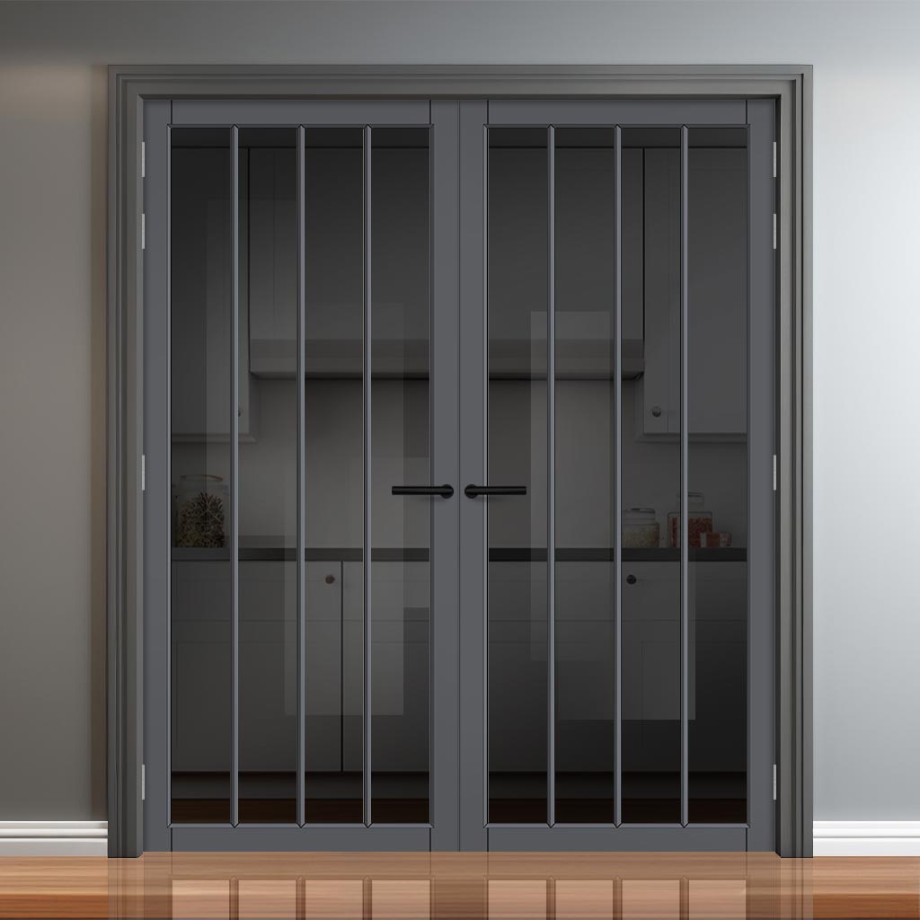 Adiba Solid Wood Internal Door Pair UK Made DD0106T Tinted Glass - Stormy Grey Premium Primed - Urban Lite® Bespoke Sizes