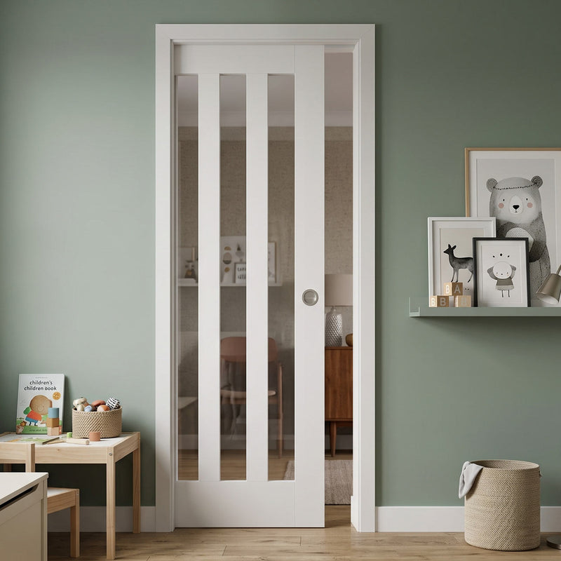 Utah Single Evokit Pocket Door - Clear Glass - White Primed