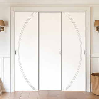 Image: Three Sliding Minimal Wardrobe Doors & Frame Kit - V-Line® Grooved Flush Door V008/BL - Premium Primed - Six Colour Options
