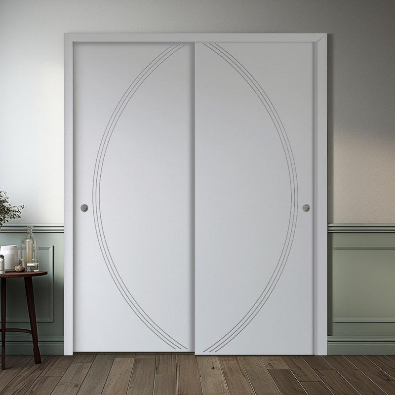 Two Sliding Minimal Wardrobe Doors & Frame Kit - V-Line® Grooved Flush Door V008 - Premium Primed - Six Colour Options