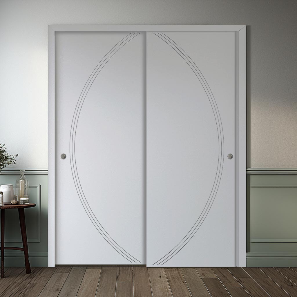 Two Sliding Minimal Wardrobe Doors & Frame Kit - V-Line® Grooved Flush Door V008 - Premium Primed - Six Colour Options