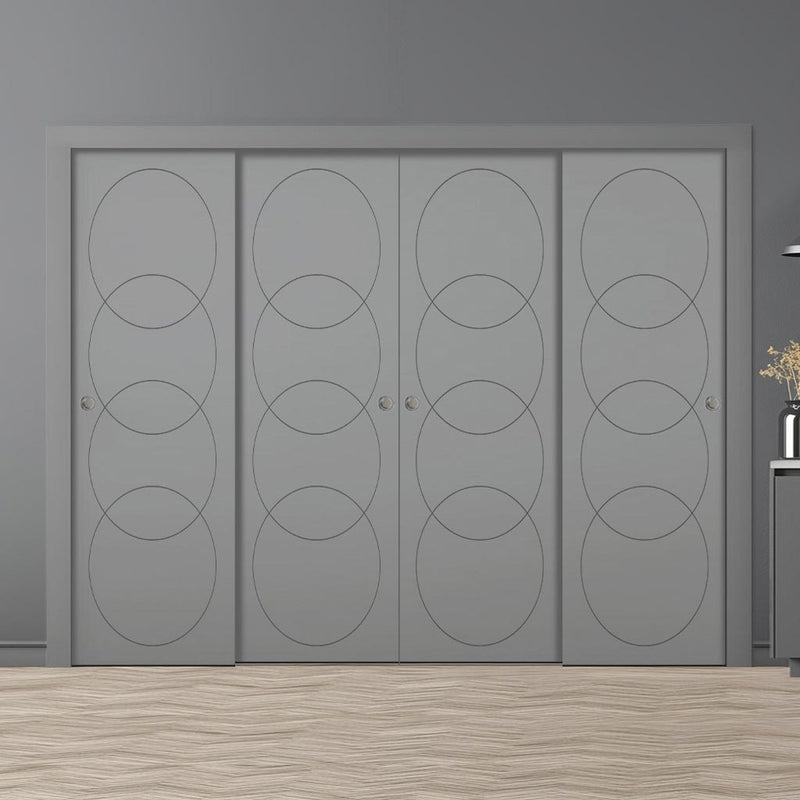 Four Sliding Minimal Wardrobe Doors & Frame Kit - V-Line® Grooved Flush Door V011 - Premium Primed - Six Colour Options