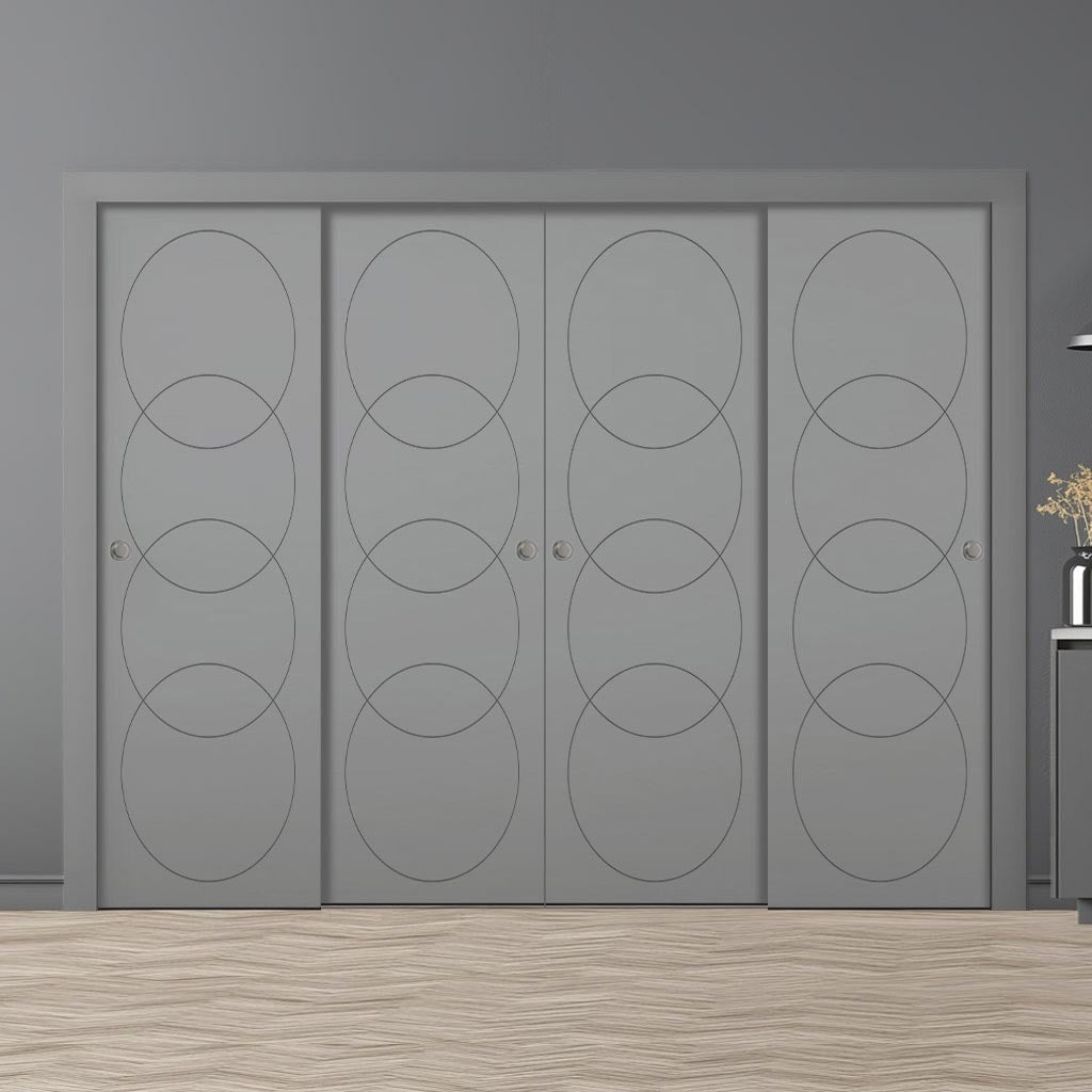 Four Sliding Minimal Wardrobe Doors & Frame Kit - V-Line® Grooved Flush Door V011 - Premium Primed - Six Colour Options