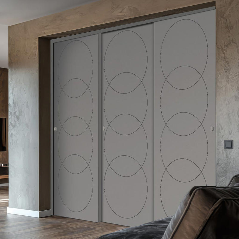 Three Sliding Minimal Wardrobe Doors & Frame Kit - V-Line® Grooved Flush Door V011 - Premium Primed - Six Colour Options