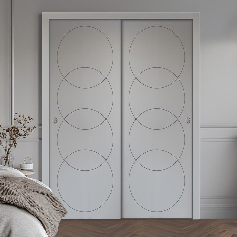 Two Sliding Minimal Wardrobe Doors & Frame Kit - V-Line® Grooved Flush Door V011 - Premium Primed - Six Colour Options