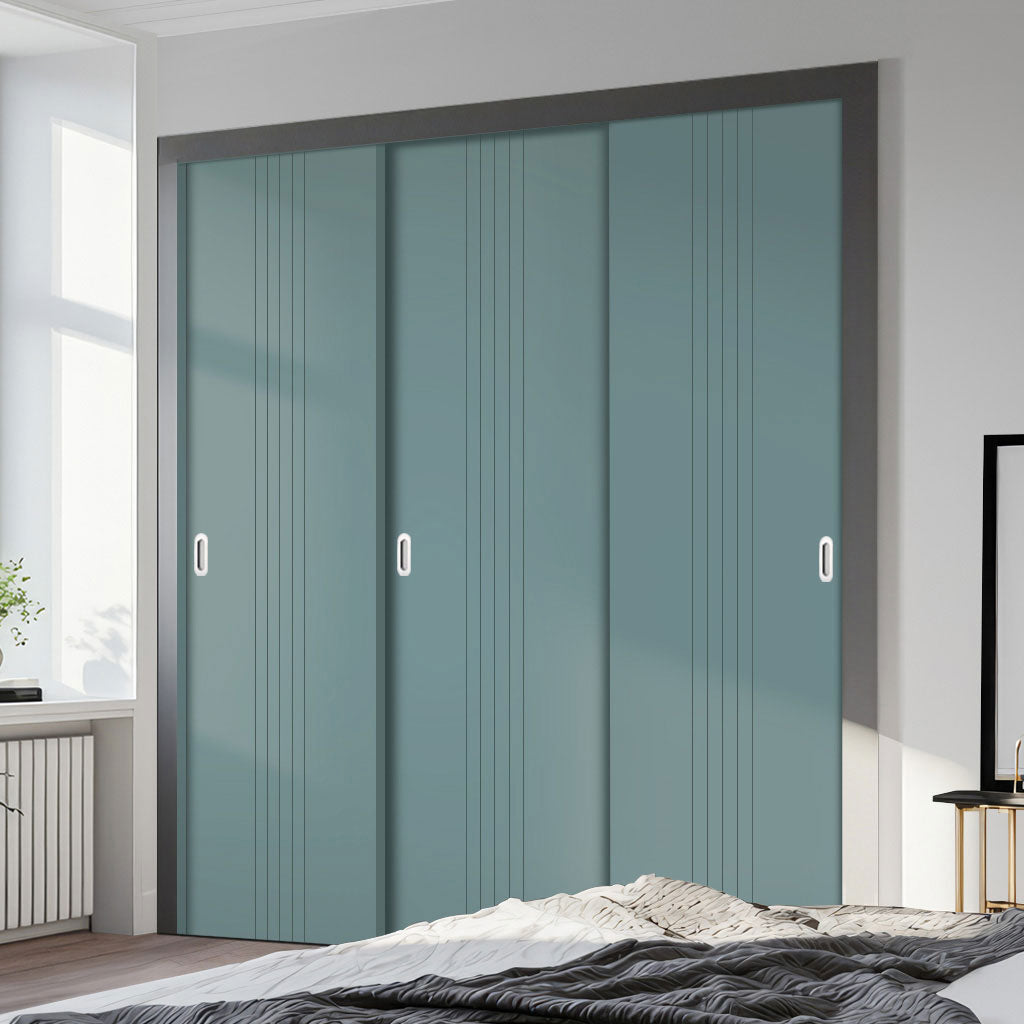 Three Sliding Minimal Wardrobe Doors & Frame Kit - V-Line® Grooved Flush Door V021 - Premium Primed - Six Colour Options