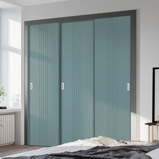 Image: Three Sliding Minimal Wardrobe Doors & Frame Kit - V-Line® Grooved Flush Door V021 - Premium Primed - Six Colour Options