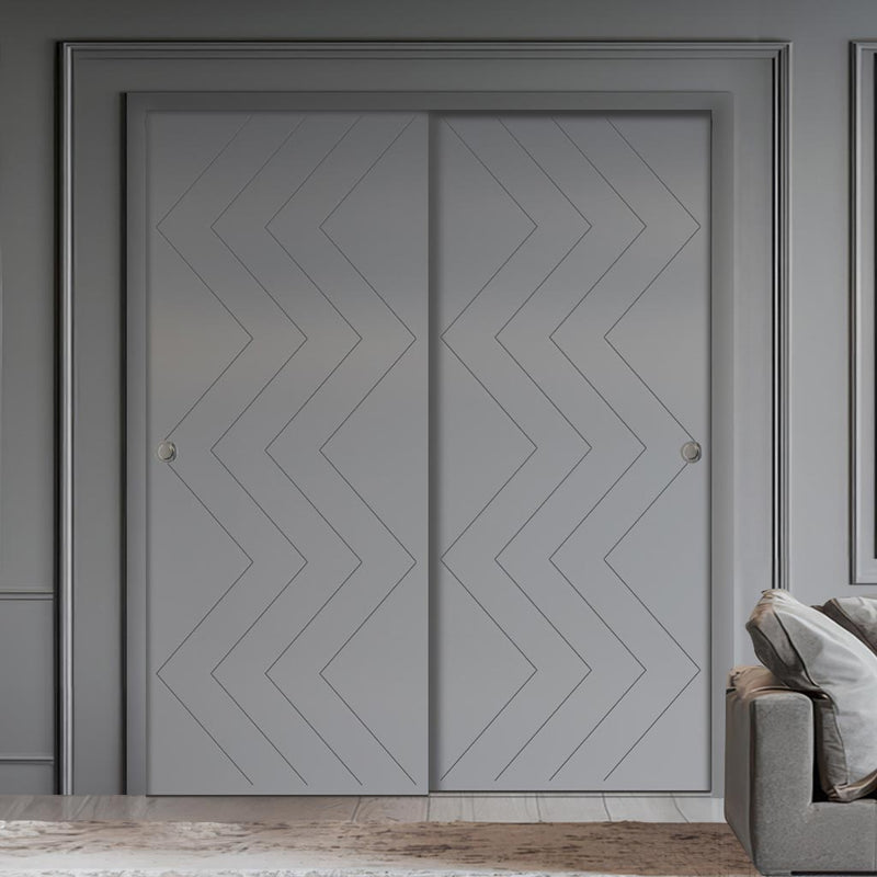 Two Sliding Minimal Wardrobe Doors & Frame Kit - V-Line® Grooved Flush Door V031 - Premium Primed - Six Colour Options
