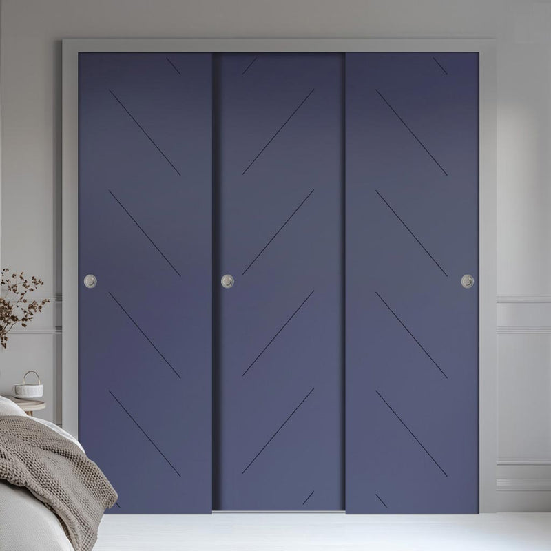 Three Sliding Minimal Wardrobe Doors & Frame Kit - V-Line® Grooved Flush Door V070 - Premium Primed - Six Colour Options