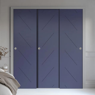 Image: Three Sliding Minimal Wardrobe Doors & Frame Kit - V-Line® Grooved Flush Door V070 - Premium Primed - Six Colour Options