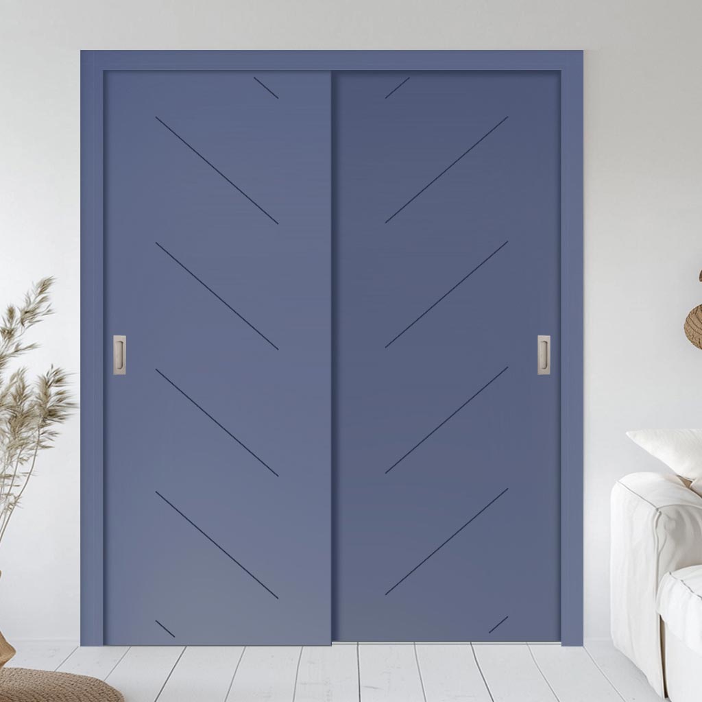 Two Sliding Minimal Wardrobe Doors & Frame Kit - V-Line® Grooved Flush Door V070 - Premium Primed - Six Colour Options