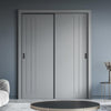 Two Sliding Minimal Wardrobe Doors & Frame Kit - V-Line® Grooved Flush Door V073 - Premium Primed - Six Colour Options