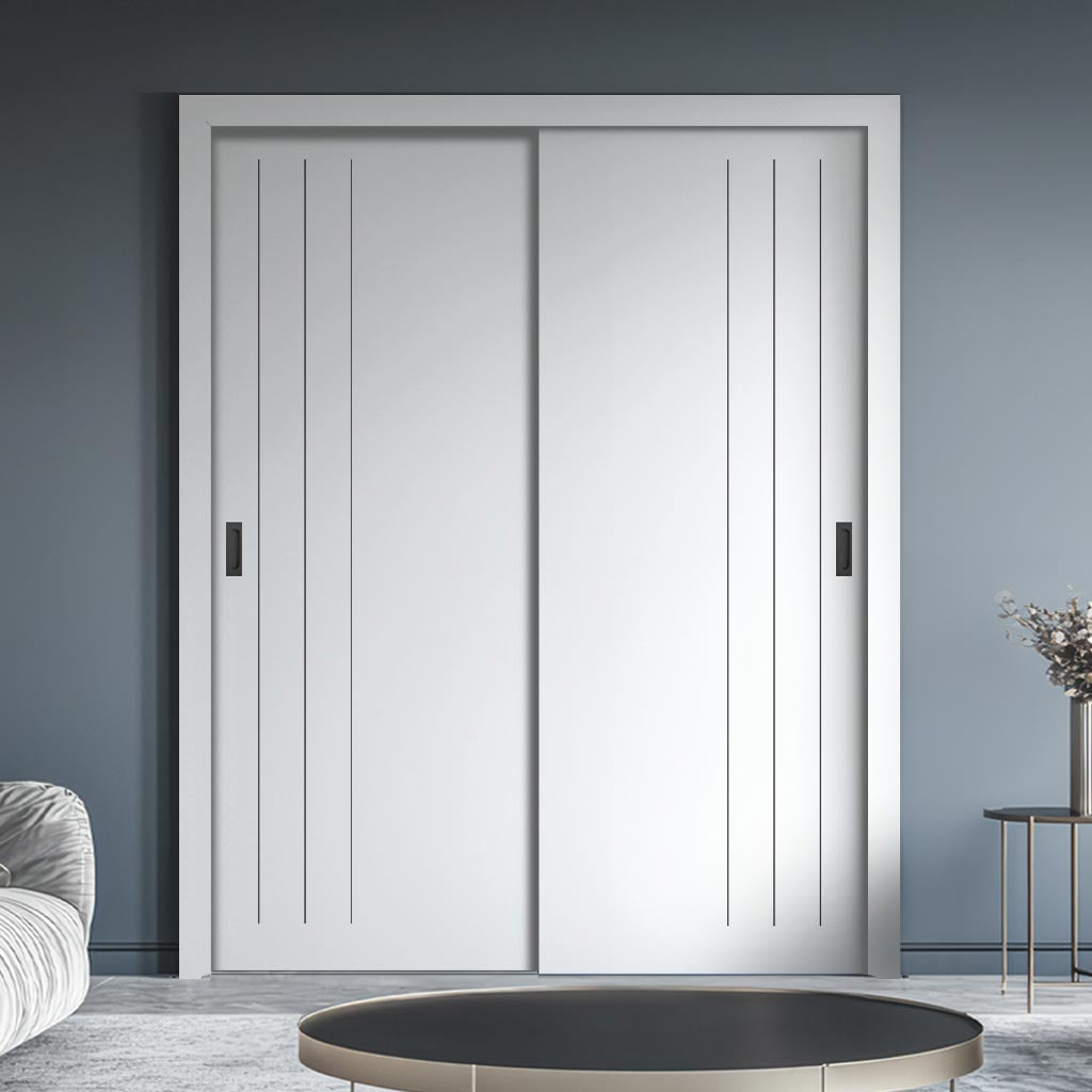 Two Sliding Minimal Wardrobe Doors & Frame Kit - V-Line® Grooved Flush Door V073 - Premium Primed - Six Colour Options
