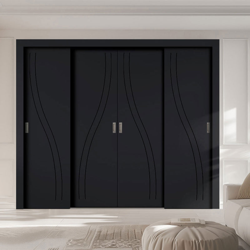 Four Sliding Minimal Wardrobe Doors & Frame Kit - V-Line® Grooved Flush Door V075 - Premium Primed - Six Colour Options