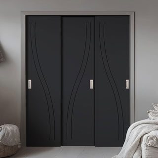 Image: Three Sliding Minimal Wardrobe Doors & Frame Kit - V-Line® Grooved Flush Door V075 - Premium Primed - Six Colour Options