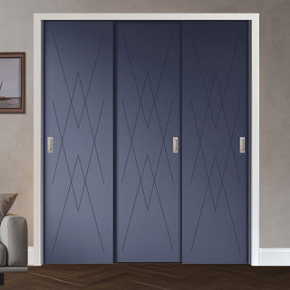 Image: Three Sliding Minimal Wardrobe Doors & Frame Kit - V-Line® Grooved Flush Door V077 - Premium Primed - Six Colour Options