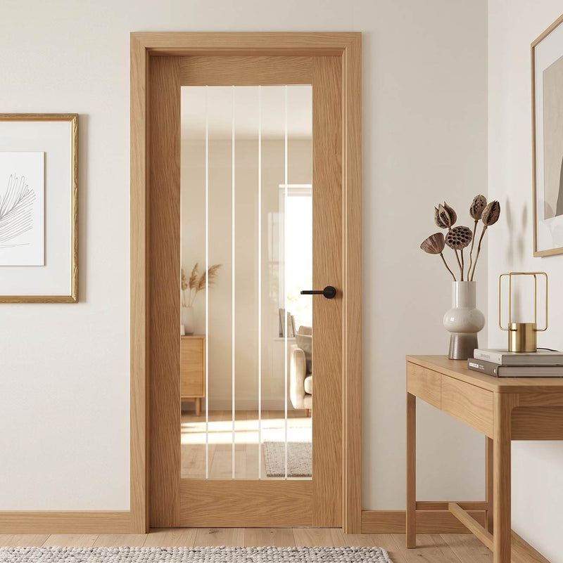 Valdor - Cheshire Oak Internal Door - Clear Glass - Unfinished