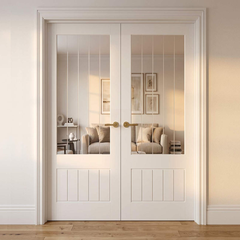 Value - White Primed Door Pairs -  3/4 Clear Glass with Frosted Lines