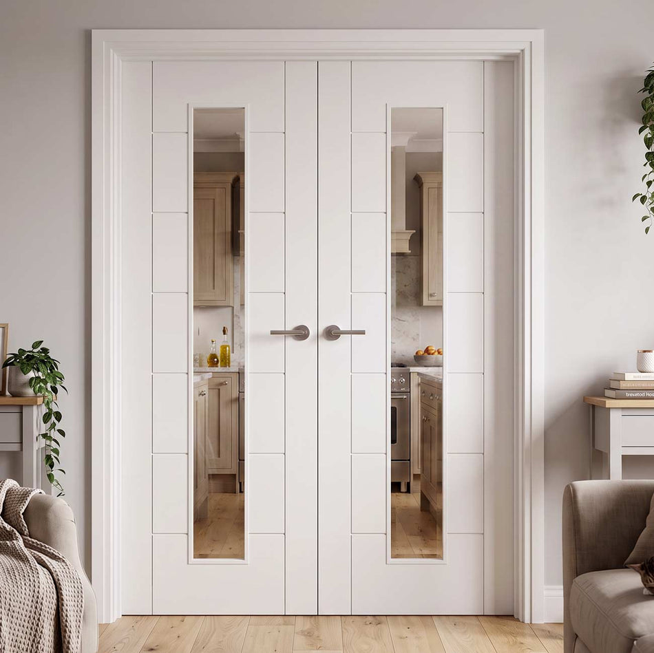 Value - White Primed 7 Panel Door Pair -  3/4 Clear Glass