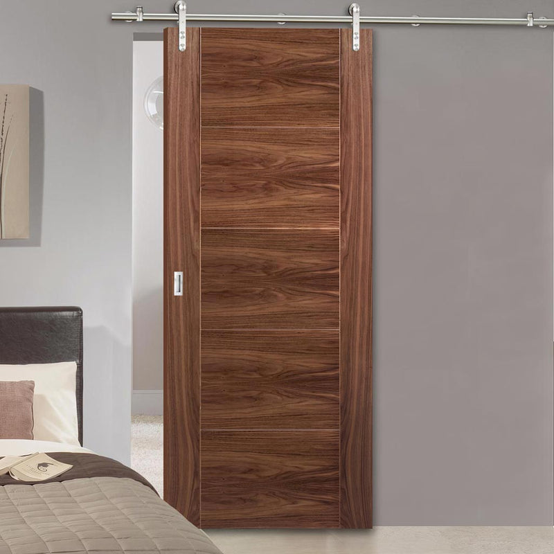 Saturn Tubular Stainless Steel Sliding Track & Vancouver 5 Panel Flush Walnut Door - Prefinished