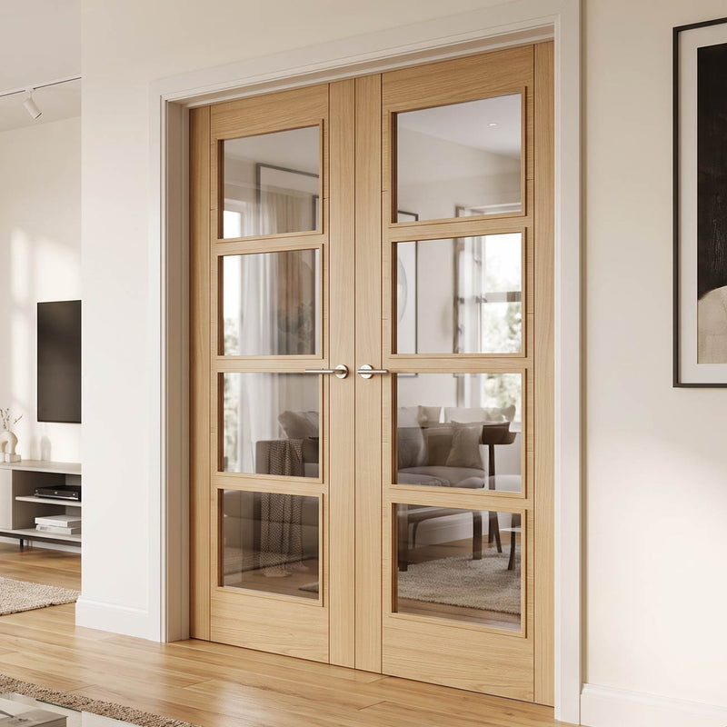 Vancouver Oak 4 Pane Internal Door Pair - Clear Glass - Prefinished