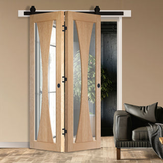 Image: SpaceEasi Top Mounted Black Folding Track & Double Door - Verona Oak Door - Clear Glass - Prefinished