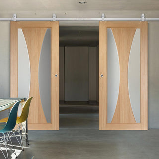 Image: Top Mounted Stainless Steel Sliding Track & Double Door - Verona Oak Doors - Obscure Glass - Unfinished