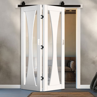 Image: SpaceEasi Top Mounted Black Folding Track & Double Door - Verona Door - Clear Glass - White Primed