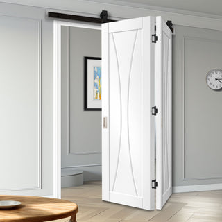 Image: SpaceEasi Top Mounted Black Folding Track & Double Door - Verona Flush Door - White Primed