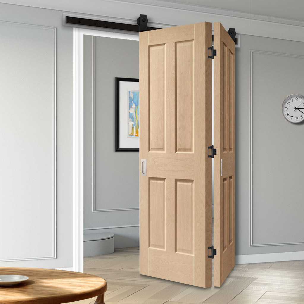 SpaceEasi Top Mounted Black Folding Track & Double Door - Victorian Oak 4 Panel Door - No Raised Mouldings - Prefinished