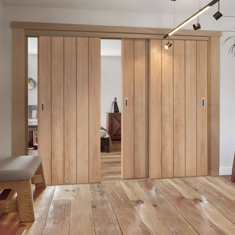 Pass-Easi Three Sliding Doors and Frame Kit - Wexford Oak Panel Door - Unfinished