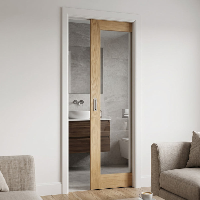 Walden Real American Oak Veneer Single Evokit Pocket Door - Clear Glass - Unfinished